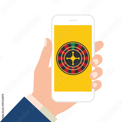 Hand holding smartphone showing roulette wheel on screen, online casino concept.
