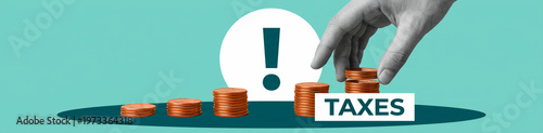 A compelling conceptual image illustrating increasing taxes, featuring a hand placing additional copper coins on escalating stacks, with a prominent exclamation mark highlighting the significant...