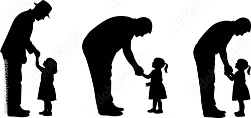 Black silhouettes of a father and young daughter holding hands, expressing love, paternal bond, family connection, and childhood guidance.