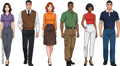 Diverse group of professional men and women in casual business attire standing together, modern comic style vector characters, multicultural team