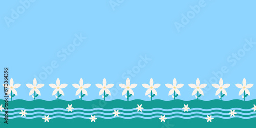 Geometric pattern seamless white jasmine flowers and wavy green and blue on light blue background. Design for fabric, Background, Wallpaper, Vector illustration, Copy Space, Text Space 