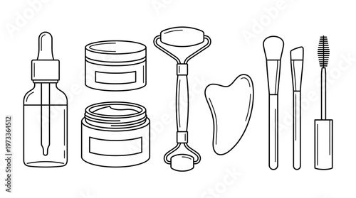 Beauty care icon set with skincare bottle, cream jar, and cosmetic tools, minimal outline vector style