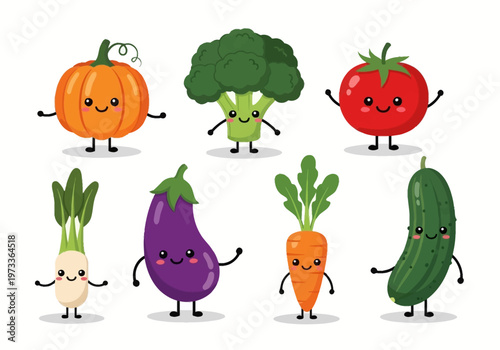 Set of Cute Kawaii Cartoon Vegetable Characters including Pumpkin Broccoli Tomato Eggplant Carrot Cucumber and Radish Isolated on White Background