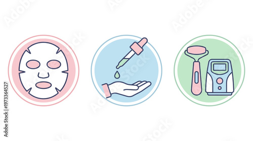 Beauty treatment icon pack featuring facial mask, skincare dropper, and treatment equipment icons