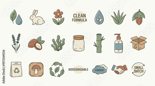 Clean beauty concept icon set with eco-friendly cosmetic symbols and sustainable packaging icons