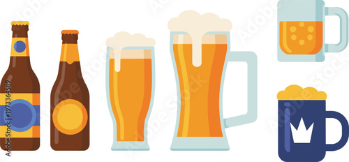 Beer bottles and glasses illustration set, craft lager drinks collection, alcohol beverage icons, pub bar concept, flat vector design