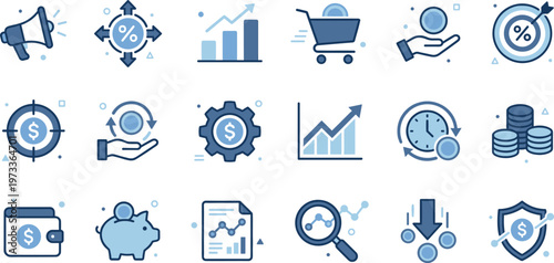 Marketing ROI and Financial Performance Icon Set with Sales, Investment Analysis, Profit Growth, Budgeting, Forecasting, and Business Strategy Symbols