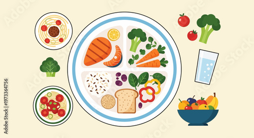 Healthy Balanced Diet Plate Vector Illustration with Various Food Groups, Protein, Grains, Vegetables, and Fruit for Nutritional Wellness and Meal Planning