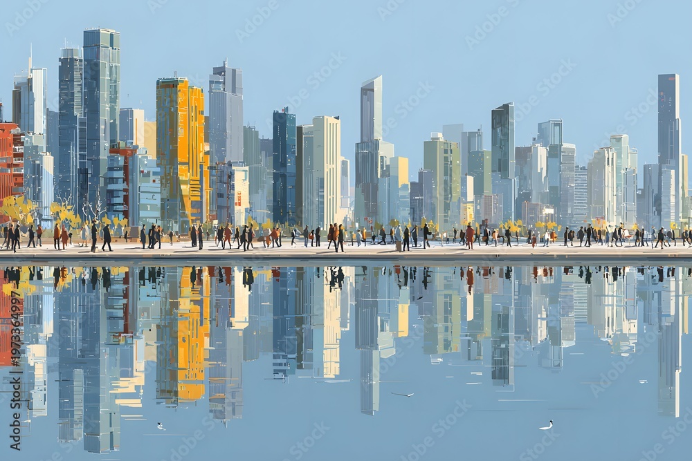 Fototapeta premium Modern city skyline dances along riverfront with pedestrians in a wide vibrant web banner view