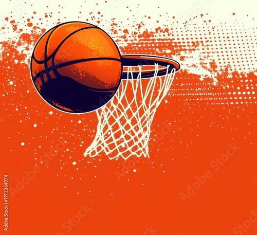 energetic basketball swishing through rim and net against splattered halftone orange background