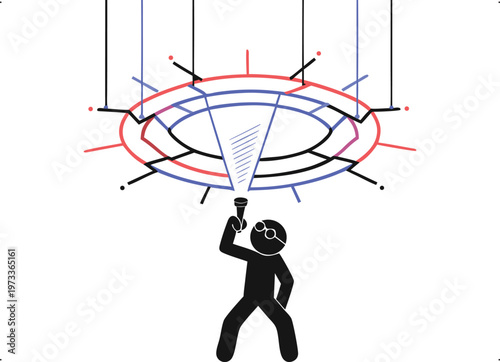 Stick figure with flashlight exploring a complex network system, searching for solutions and understanding intricate connections.