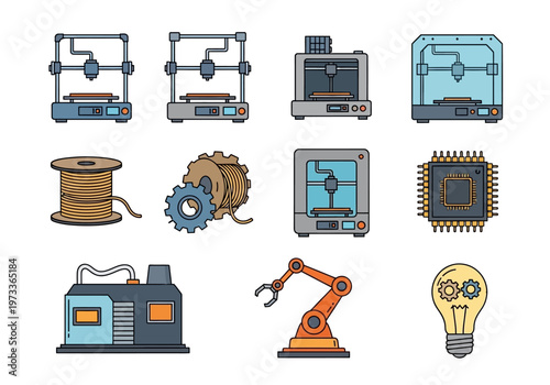 3D Printing and Industrial Automation Icon Set: Flat Design Elements for Additive Manufacturing, Robotics, Engineering, and Smart Factory Technology