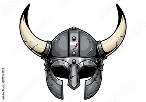 Viking Warrior Helmet with Horns Illustration - Battle Worn Norse Knight Headwear Mascot Graphic on White Background