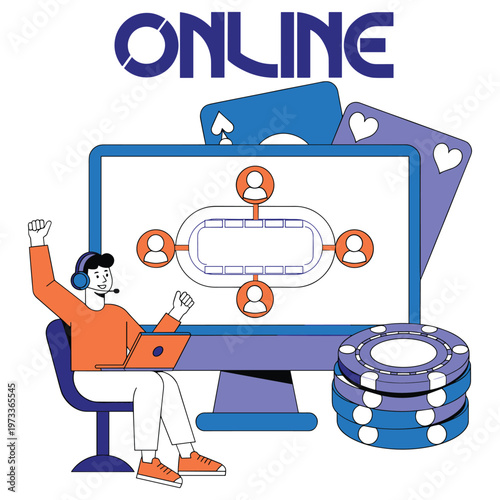 Man playing online poker on computer, showing concept of digital gambling and success.