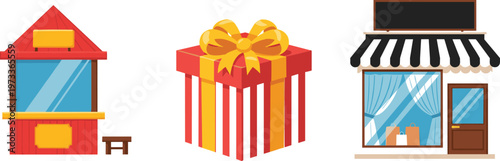 Gift Box and Shop Storefront Icons Set with Market Stall and Retail Store Building Flat Business and Shopping Vector Illustration