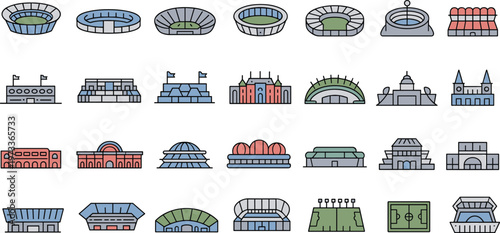  Collection of modern stadium illustrations, colorful sports arena designs, architectural variety, event venue concepts, creative infographic style