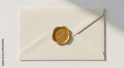 Elegant creamcolored envelope sealed with a decorative gold wax seal, featuring an intricate floral or snowflakelike embossed design, topdown view