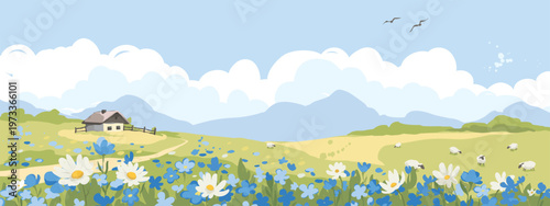 Abstract summer landscape -- farm fields. Set vector illustrations, rural view -- fields and meadows, old village house and sheep on a green meadow.. Hand drawn author's drawing.