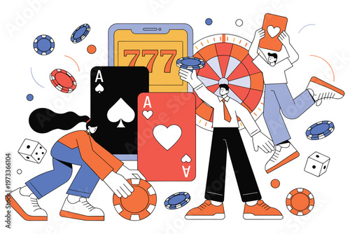 Online casino gambling concept with happy people playing games and winning prizes.