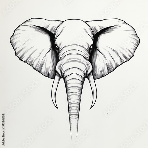 front-facing black and white line drawing of an elephant head with large ears, curved tusks and long trunk, conveying a majestic and stoic expression on a minimal white background