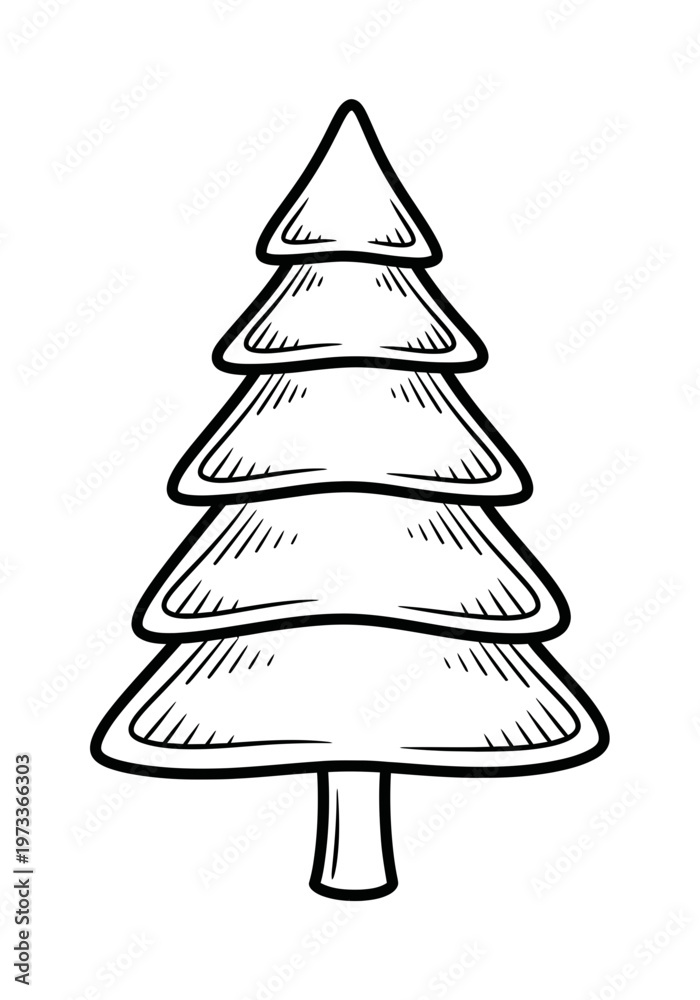 Fototapeta premium A charming hand-drawn black and white outline illustration of a classic, stylized evergreen fir tree, perfect for holiday, winter, and nature-themed designs or festive seasonal projects.