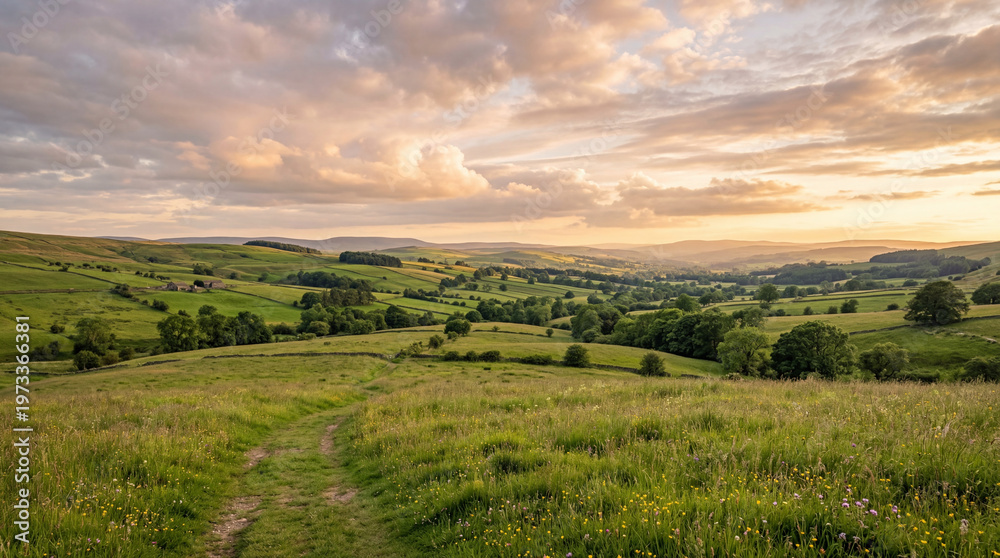 Fototapeta premium Rolling green hills under a dramatic cloud-filled sky at sunset