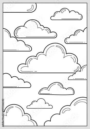 A collection of fluffy white clouds drawn in a clean vector style with smooth outlines perfect for coloring pages and various artistic projects requiring simple yet elegant decorative cloud shapes.