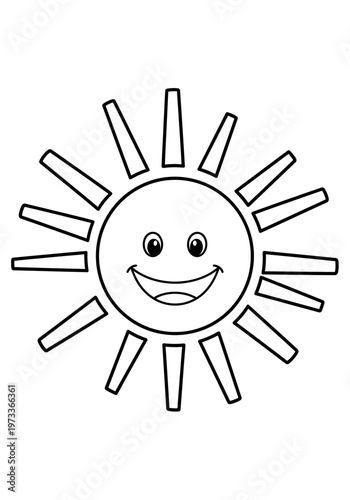 A cheerful cartoon sun character with a wide happy smiling face and radiating beams features bold black lines perfect for kids coloring pages and simple graphic design art projects today.