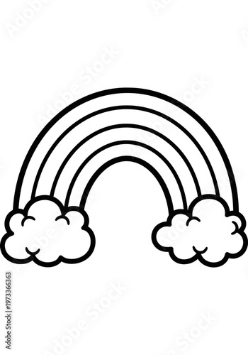 This charming black and white line art illustration depicts a classic, stylized rainbow arc with two fluffy clouds, offering a cheerful and simple design for children's activities.