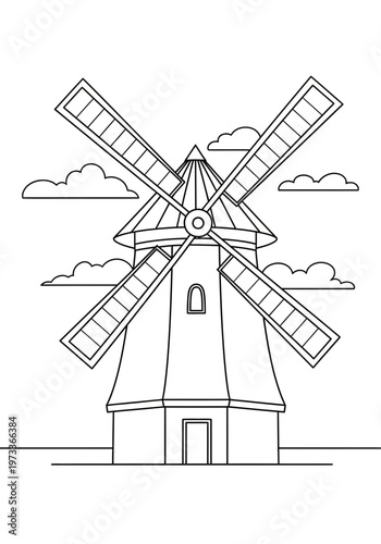Detailed black and white line art drawing of a traditional wooden windmill featuring large rotating blades and a sturdy central tower designed for use in a classic coloring book page.