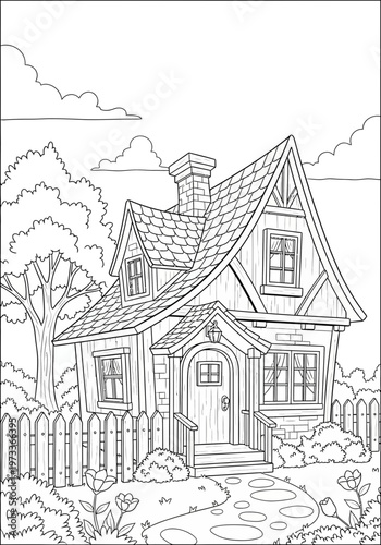 This detailed coloring page features a charming rustic cottage with a peaked roof, stone chimney, wooden paneling, inviting front door, multiple windows, and a quaint porch for artistic creative fun.