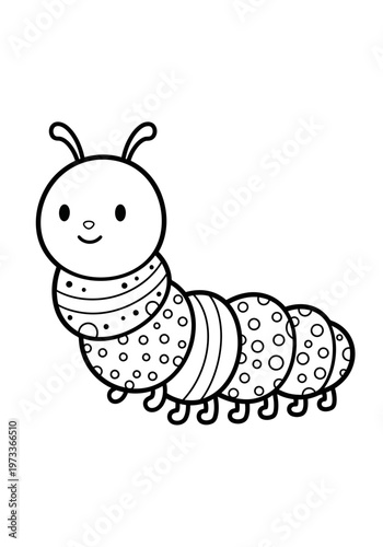 A delightful and friendly cartoon caterpillar illustration featuring a smiling face, expressive antennae, and wonderfully patterned body segments, ideal for children's creative activities.