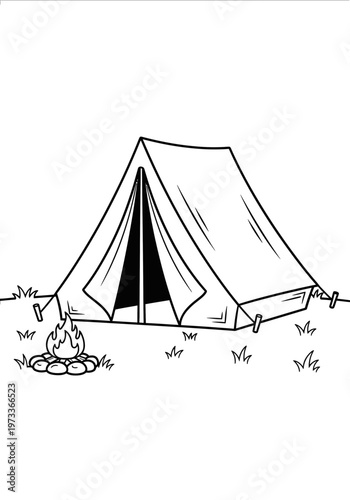 A simple black and white line art illustration featuring a classic A-frame camping tent with an open door positioned directly next to a small crackling campfire on the ground.