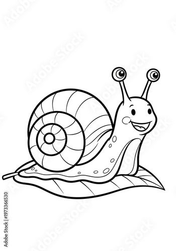 A cheerful cartoon snail features a round spiraling shell with large expressive eyes and a wide happy smile while crawling slowly across a simple black and white line art drawing.