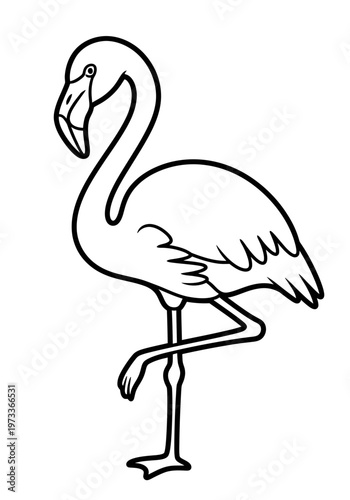 A simple, elegant line art drawing of a majestic tropical flamingo, standing gracefully on one leg, perfect for children's coloring activities and nature-themed designs.