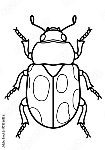 A clean and simple black and white line art illustration of a spotted beetle insect character featuring a symmetrical body shape with detailed antenna and legs for coloring pages.