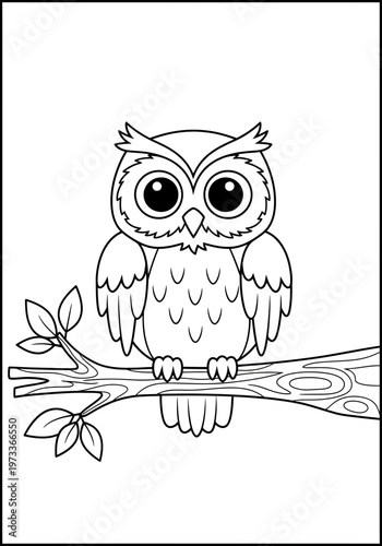 A charming cartoon owl with big round eyes and feathered wings perches on a sturdy tree branch, perfect for a delightful children's coloring page activity.