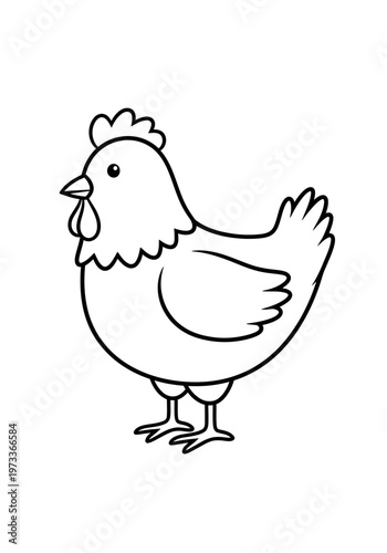 A delightful, simple, black and white cartoon outline drawing of a friendly farm hen, ideal for children's coloring pages, educational resources, or charming poultry-themed graphic design projects.