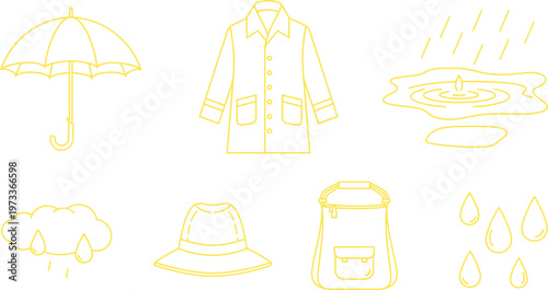 Set of minimalist outline icons for rainy weather featuring an umbrella raincoat and rain hat perfect for seasonal app design web elements and weather forecasts