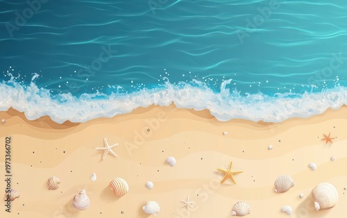 aerial view of turquoise waves gently breaking on a sandy beach scattered with seashells and starfish, evoking calm summer relaxation