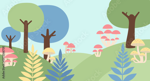 A whimsical, stylized illustration of mushrooms in a forest setting. Perfect for design projects needing a touch of nature and playful charm, evoking 