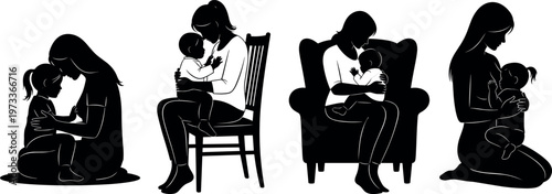 Mother breastfeeding baby in different positions silhouette set illustrating nursing maternal care infant bonding healthy nutrition and motherhood life scenes