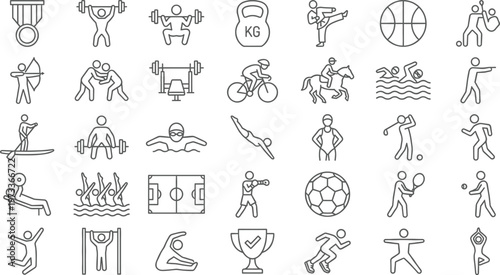 Sports and Fitness Line Icon Set with Gym Training, Athletics, Outdoor Activities, Exercise Equipment, Games, and Healthy Lifestyle Symbols