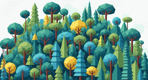 A vibrant, geometric forest scene evokes growth and harmony. Perfect for nature-themed designs, marketing materials, or illustrating sustainable conce