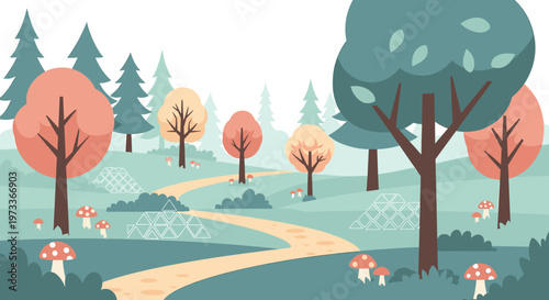 A cheerful, stylized illustration depicting a vibrant forest scene; ideal for children's content, website design, or any project needing a touch of fa