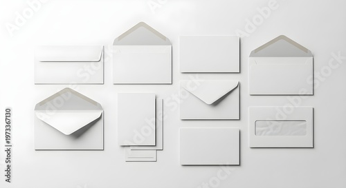 Set of blank white envelopes and stationery paper isolated on white background
