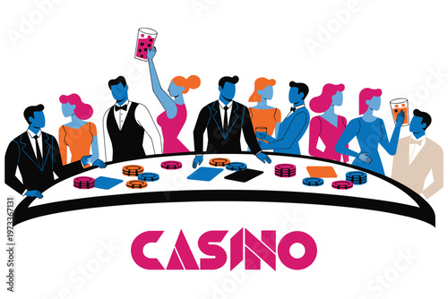 People playing casino games at table with chips and drinks, casino text.