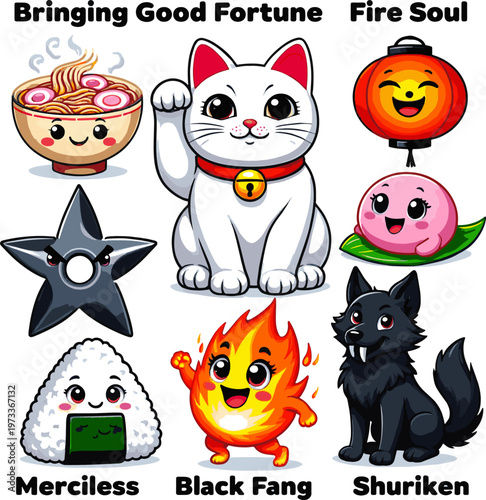 Create a realistic Japanese kawaii aesthetics - cartoon characters from culture, food and more in anime style. Translation from Japanese - maneki neko, Bringing Good Fortune, Merciless, vector art.