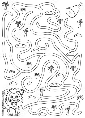 Lion maze graphic black white sketch vertical illustration vector 