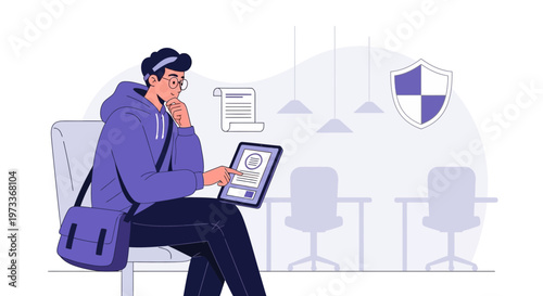 Student signing digital contract on tablet with shield icon, online security concept